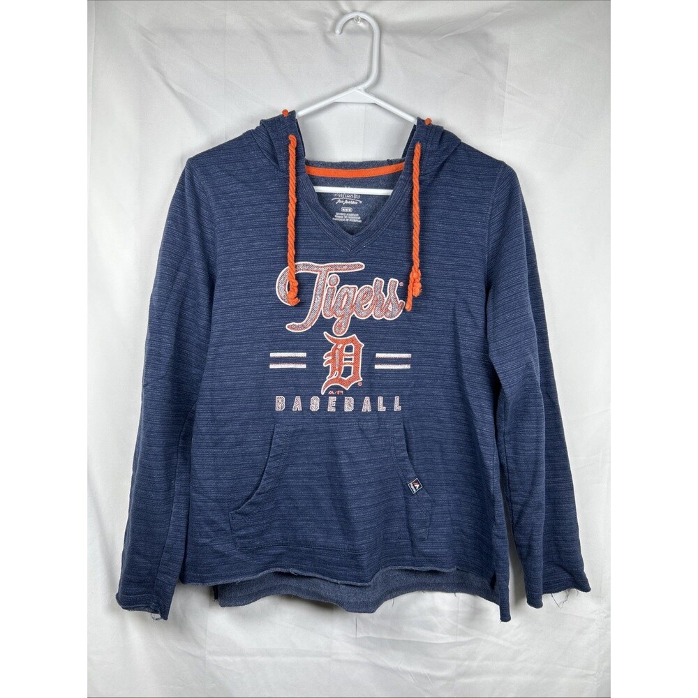 Majestic Detroit Tigers Baseball Hoodie Women’s Medium Blue Orange Roll Hem Raw